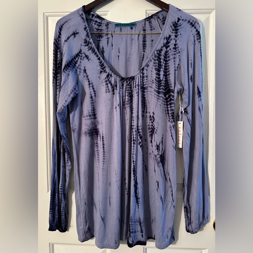 Anthro VELVET L Blue Scoop Neck Long Sleeve Tie Dye Tunic Length T Artsy Hippie